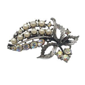 Vintage Leaf Brooch With Faux Pearls Clear AB Rhinestones Mid Century